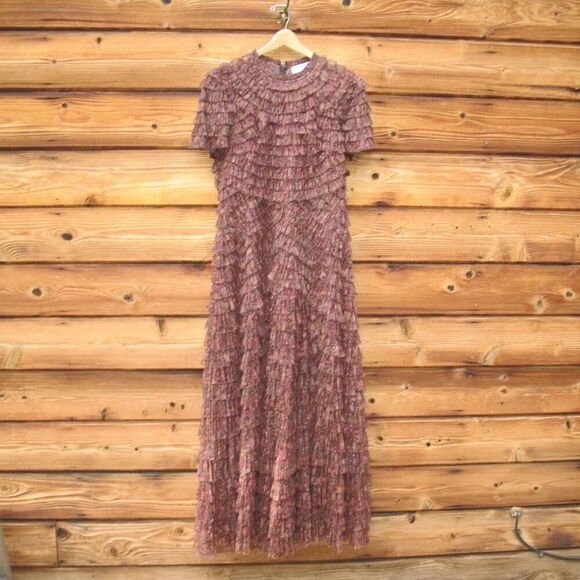 Mac Duggal 8042 Brown Ruffle Floral Maxi Dress Gown - Picture 5 of 15